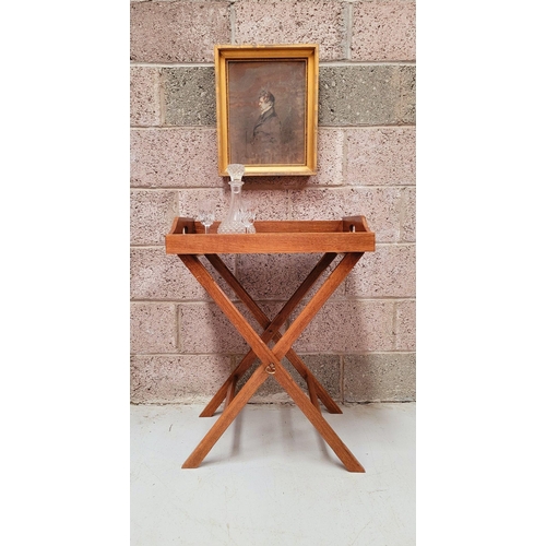 73 - A GOOD FOLDING BUTLER’S TRAY STAND, the tray with raised gallery sides has a pair of kidney shaped p... 