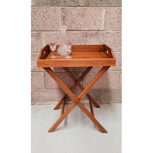 73 - A GOOD FOLDING BUTLER’S TRAY STAND, the tray with raised gallery sides has a pair of kidney shaped p... 