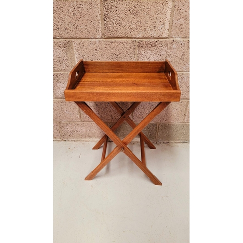 73 - A GOOD FOLDING BUTLER’S TRAY STAND, the tray with raised gallery sides has a pair of kidney shaped p... 