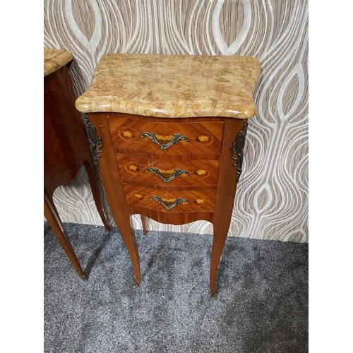 75 - A VERY GOOD PAIR OF THREE DRAWER MARBLE TOPPED KINGWOOD INLAID CABINETS, each with a serpentine shap... 