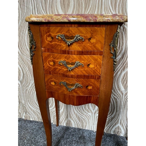 75 - A VERY GOOD PAIR OF THREE DRAWER MARBLE TOPPED KINGWOOD INLAID CABINETS, each with a serpentine shap... 