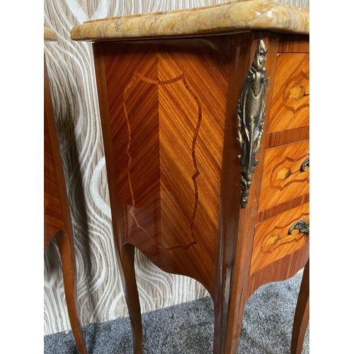 75 - A VERY GOOD PAIR OF THREE DRAWER MARBLE TOPPED KINGWOOD INLAID CABINETS, each with a serpentine shap... 