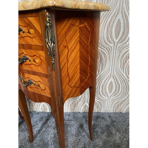 75 - A VERY GOOD PAIR OF THREE DRAWER MARBLE TOPPED KINGWOOD INLAID CABINETS, each with a serpentine shap... 