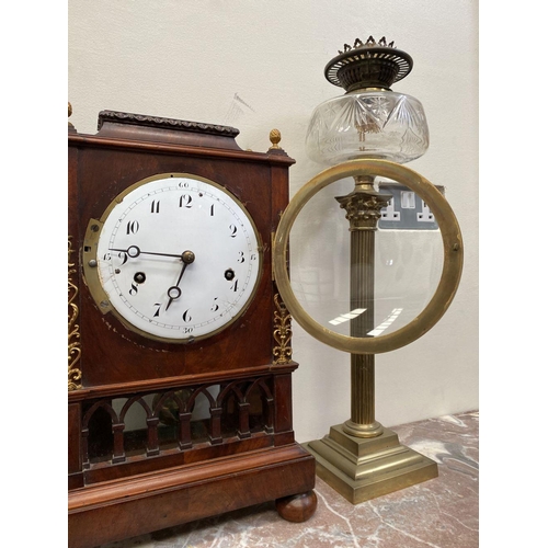 76 - A LATE 19TH CENTURY ASTRAGAL GLAZED MAHOGANY MANTEL CLOCK, with ormolu style mounts to the front, th... 