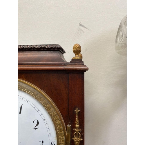 76 - A LATE 19TH CENTURY ASTRAGAL GLAZED MAHOGANY MANTEL CLOCK, with ormolu style mounts to the front, th... 
