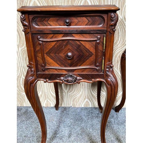 81 - A FINE PAIR OF ROSEWOOD MARBLE TOPPED CABINETS / LAMP TABLES, each with a single drawer to the top, ... 