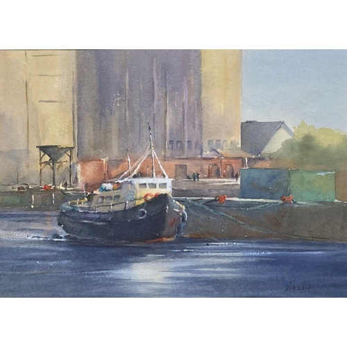 90 - NORMA HEALY (Irish, 20th/21st Century), ‘KENNEDY QUAY, CORK DOCKLANDS’, watercolour on paper, signed... 