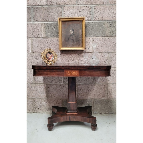 91 - AN EXCEPTIONAL EARLY 19TH CENTURY ROSEWOOD INLAID FOLD OVER CARD TABLE, this is a beautifully crafte... 