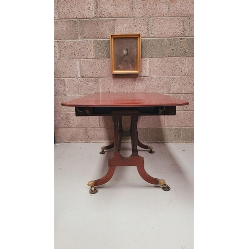 93 - A VERY GOOD QUALITY IRISH REGENCY CUBAN MAHOGANY DROP LEAF SOFA TABLE, with two frieze drawers & two... 