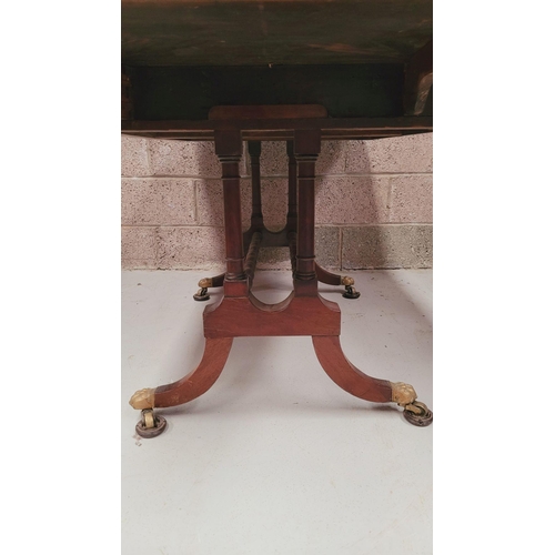 93 - A VERY GOOD QUALITY IRISH REGENCY CUBAN MAHOGANY DROP LEAF SOFA TABLE, with two frieze drawers & two... 