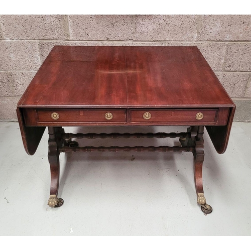 93 - A VERY GOOD QUALITY IRISH REGENCY CUBAN MAHOGANY DROP LEAF SOFA TABLE, with two frieze drawers & two... 