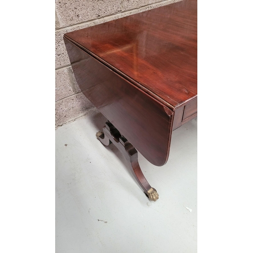 93 - A VERY GOOD QUALITY IRISH REGENCY CUBAN MAHOGANY DROP LEAF SOFA TABLE, with two frieze drawers & two... 