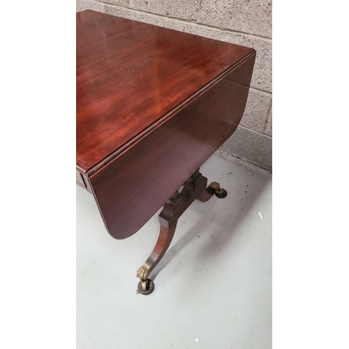 93 - A VERY GOOD QUALITY IRISH REGENCY CUBAN MAHOGANY DROP LEAF SOFA TABLE, with two frieze drawers & two... 