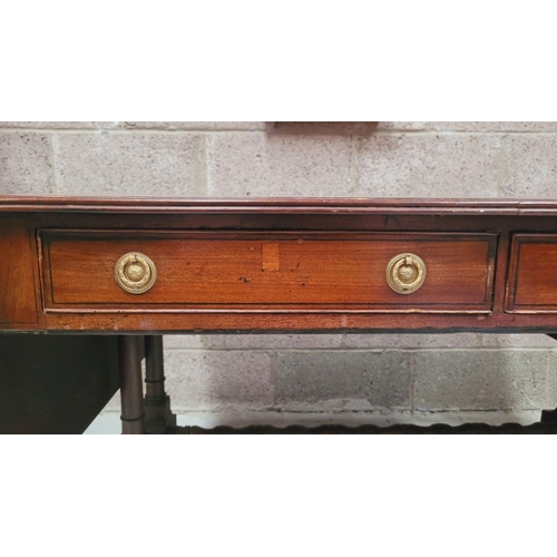 93 - A VERY GOOD QUALITY IRISH REGENCY CUBAN MAHOGANY DROP LEAF SOFA TABLE, with two frieze drawers & two... 