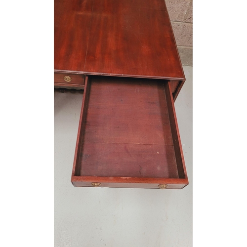 93 - A VERY GOOD QUALITY IRISH REGENCY CUBAN MAHOGANY DROP LEAF SOFA TABLE, with two frieze drawers & two... 