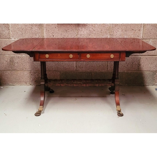 93 - A VERY GOOD QUALITY IRISH REGENCY CUBAN MAHOGANY DROP LEAF SOFA TABLE, with two frieze drawers & two... 