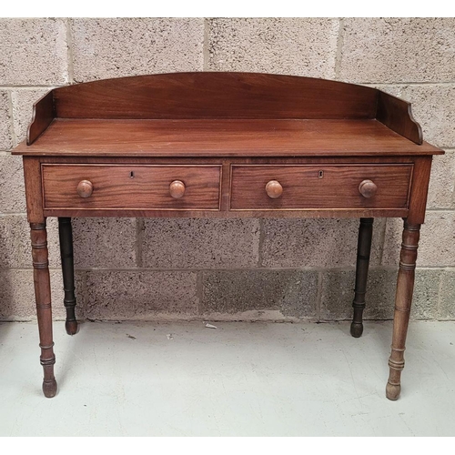 96 - A 19TH CENTURY MAHOGANY TWO DRAWER SIDE BOARD / SERVER / TABLE, with raised three-quarter gallery to... 