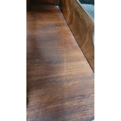 96 - A 19TH CENTURY MAHOGANY TWO DRAWER SIDE BOARD / SERVER / TABLE, with raised three-quarter gallery to... 