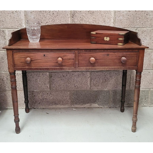 96 - A 19TH CENTURY MAHOGANY TWO DRAWER SIDE BOARD / SERVER / TABLE, with raised three-quarter gallery to... 