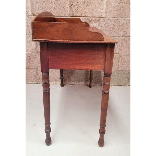 96 - A 19TH CENTURY MAHOGANY TWO DRAWER SIDE BOARD / SERVER / TABLE, with raised three-quarter gallery to... 