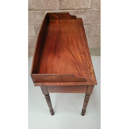 96 - A 19TH CENTURY MAHOGANY TWO DRAWER SIDE BOARD / SERVER / TABLE, with raised three-quarter gallery to... 