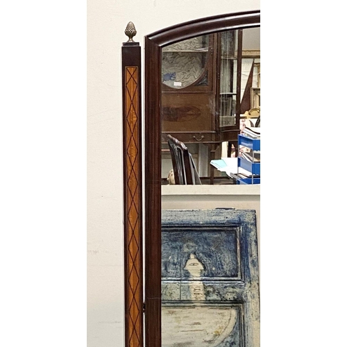97 - A MAHOGANY INALID CHEVAL MIRROR, arched rectangular form, with intricate satinwood inlay to supports... 