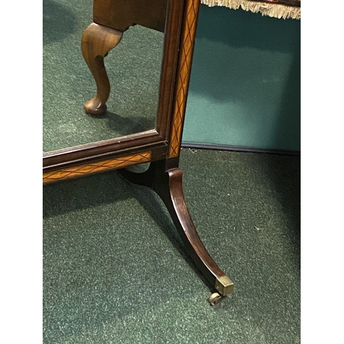 97 - A MAHOGANY INALID CHEVAL MIRROR, arched rectangular form, with intricate satinwood inlay to supports... 