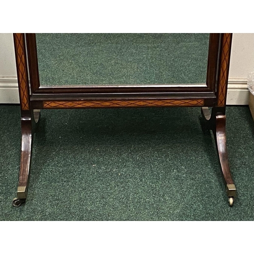 97 - A MAHOGANY INALID CHEVAL MIRROR, arched rectangular form, with intricate satinwood inlay to supports... 