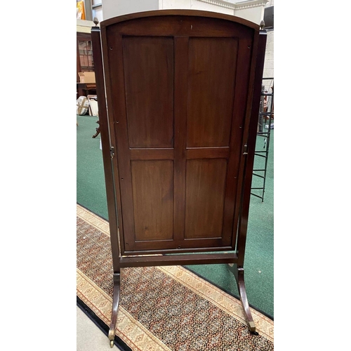 97 - A MAHOGANY INALID CHEVAL MIRROR, arched rectangular form, with intricate satinwood inlay to supports... 