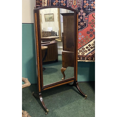 97 - A MAHOGANY INALID CHEVAL MIRROR, arched rectangular form, with intricate satinwood inlay to supports... 