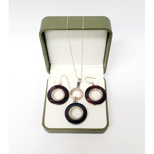 98 - A VINTAGE STERLING SILVER PENDANT & EARRING SET, pendant comprising of a loop & two circles that han... 