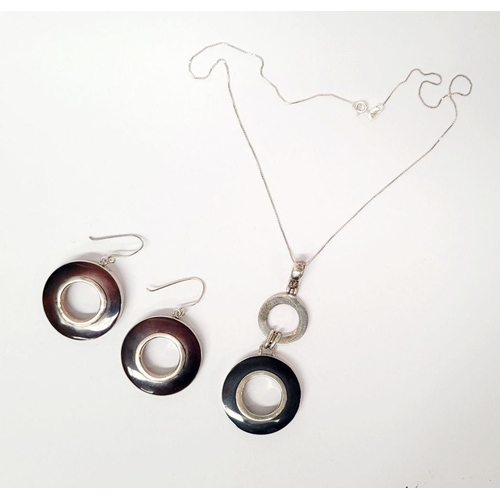 98 - A VINTAGE STERLING SILVER PENDANT & EARRING SET, pendant comprising of a loop & two circles that han... 