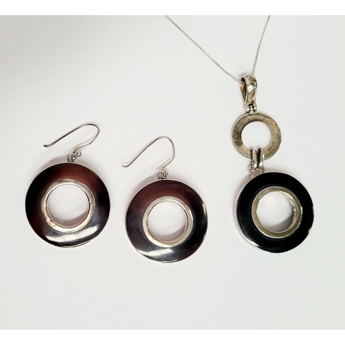 98 - A VINTAGE STERLING SILVER PENDANT & EARRING SET, pendant comprising of a loop & two circles that han... 