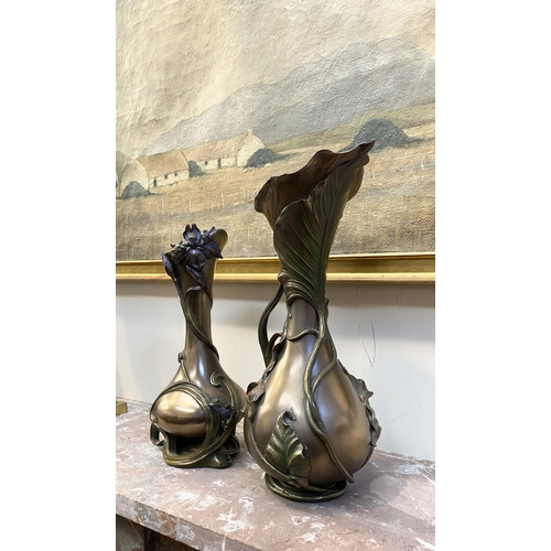 100 - TWO DECORATIVE VERONESE BRONZE PLATED VASES, the larger ewer vase with lotus leaf design to handle a... 