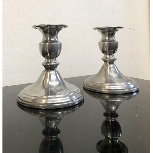 103 - A PAIR OF VINTAGE WEB PEWTER WEIGHTED CANDLESTICK HOLDERS, traditional form on circular platform bas... 