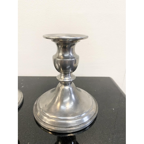 103 - A PAIR OF VINTAGE WEB PEWTER WEIGHTED CANDLESTICK HOLDERS, traditional form on circular platform bas... 