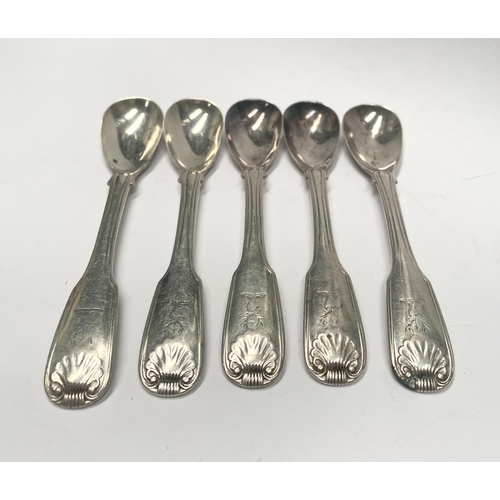 110 - A SET OF FIVE EDWARD VII IRISH SILVER MUSTARD SPOONS, Maker JS (possibly John Smyth, 16 Wicklow Stre... 