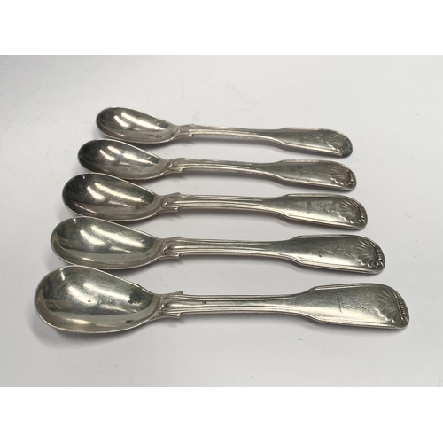 110 - A SET OF FIVE EDWARD VII IRISH SILVER MUSTARD SPOONS, Maker JS (possibly John Smyth, 16 Wicklow Stre... 