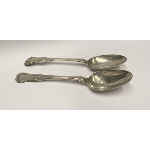 111 - TWO GEORGE IV IRISH SILVER TABLESPOONS, In the Kings pattern. Makers marks rubbed, Hallmarked London... 