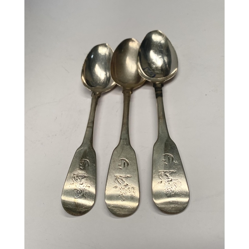 112 - THREE GEORGE III IRISH SILVER TEASPOONS, Maker JB Dublin c.1814. Rat-tailed, engraved with monogram ... 