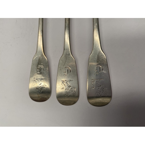 112 - THREE GEORGE III IRISH SILVER TEASPOONS, Maker JB Dublin c.1814. Rat-tailed, engraved with monogram ... 