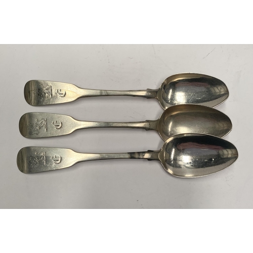 112 - THREE GEORGE III IRISH SILVER TEASPOONS, Maker JB Dublin c.1814. Rat-tailed, engraved with monogram ... 