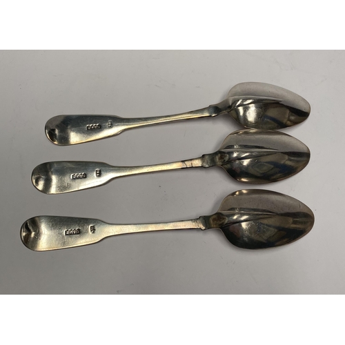 112 - THREE GEORGE III IRISH SILVER TEASPOONS, Maker JB Dublin c.1814. Rat-tailed, engraved with monogram ... 