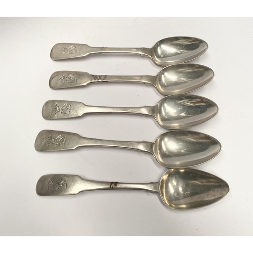 113 - FIVE GEORGE IV IRISH SILVER TEASPOONS, Maker Thomas Farnett & William Law & Son Dublin 1823, rat-tai... 