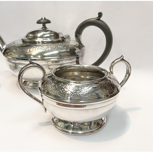 114 - A VINTAGE SHEFFIELD SILVERPLATED TEA SERVICE, to include teapot, sugar bowl and milk jug. Each of ma... 