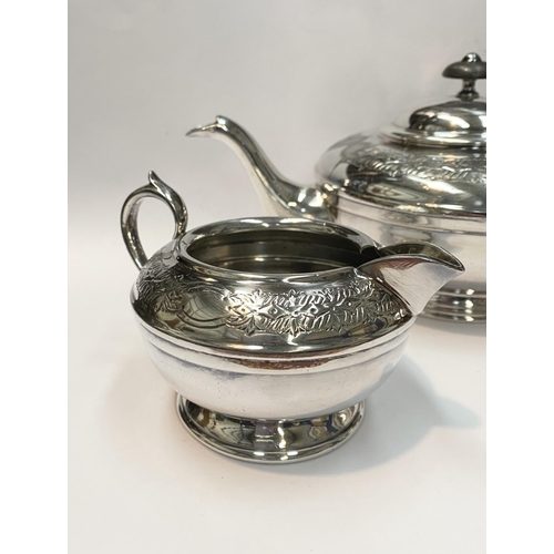 114 - A VINTAGE SHEFFIELD SILVERPLATED TEA SERVICE, to include teapot, sugar bowl and milk jug. Each of ma... 