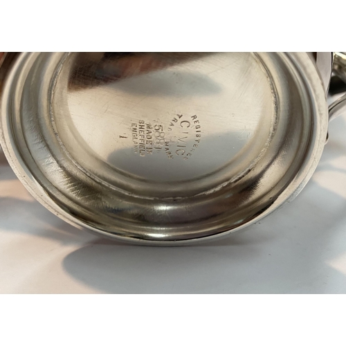 114 - A VINTAGE SHEFFIELD SILVERPLATED TEA SERVICE, to include teapot, sugar bowl and milk jug. Each of ma... 