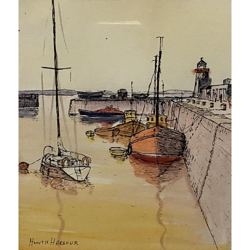 119 - GEORGE MCCONKEY (Irish, 20th Century), ‘HOWTH HARBOUR’, watercolour and ink on paper, signed lower r... 