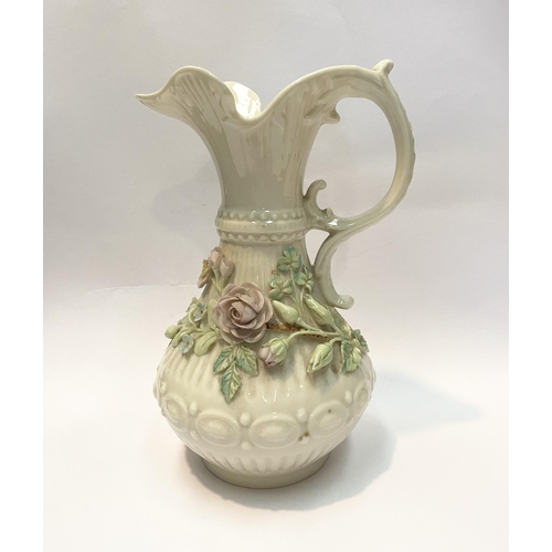 124 - A LARGE BELLEEK PORCELAIN ABERDEEN ROSE EWER, of baluster form with excellent applied roses with ban... 