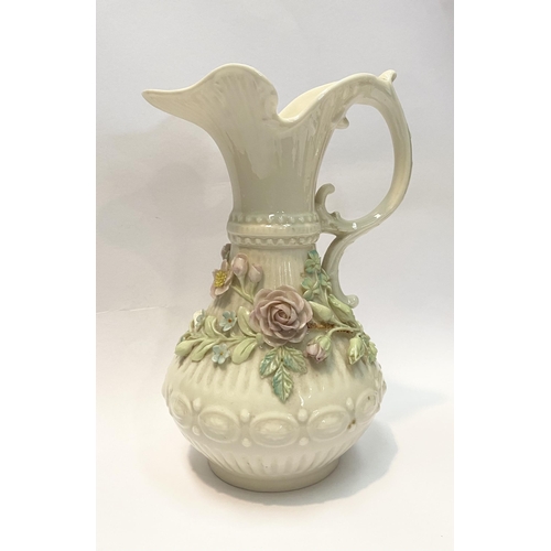 124 - A LARGE BELLEEK PORCELAIN ABERDEEN ROSE EWER, of baluster form with excellent applied roses with ban... 